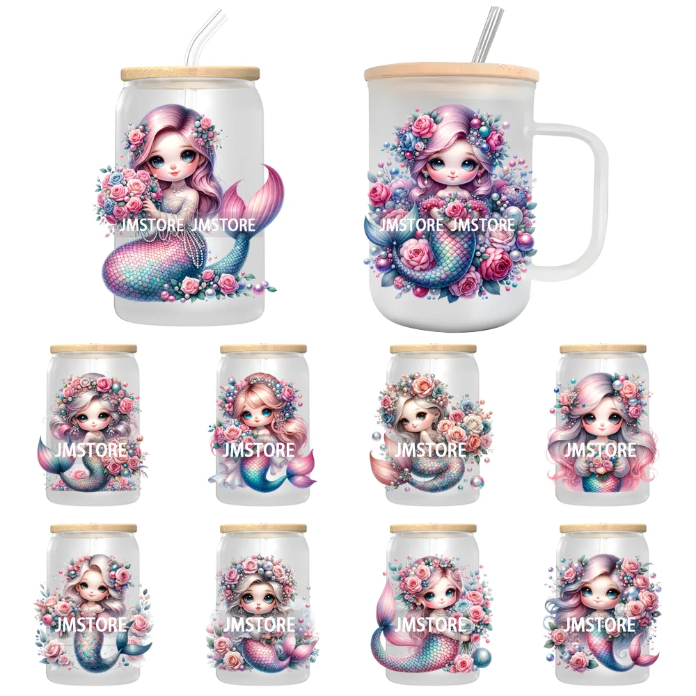 Watercolor Floral Mermaid Girl UV DTF Transfer Stickers Decals Ready To Apply Waterproof For 16OZ Libbey Glass Can Cups Tumbler