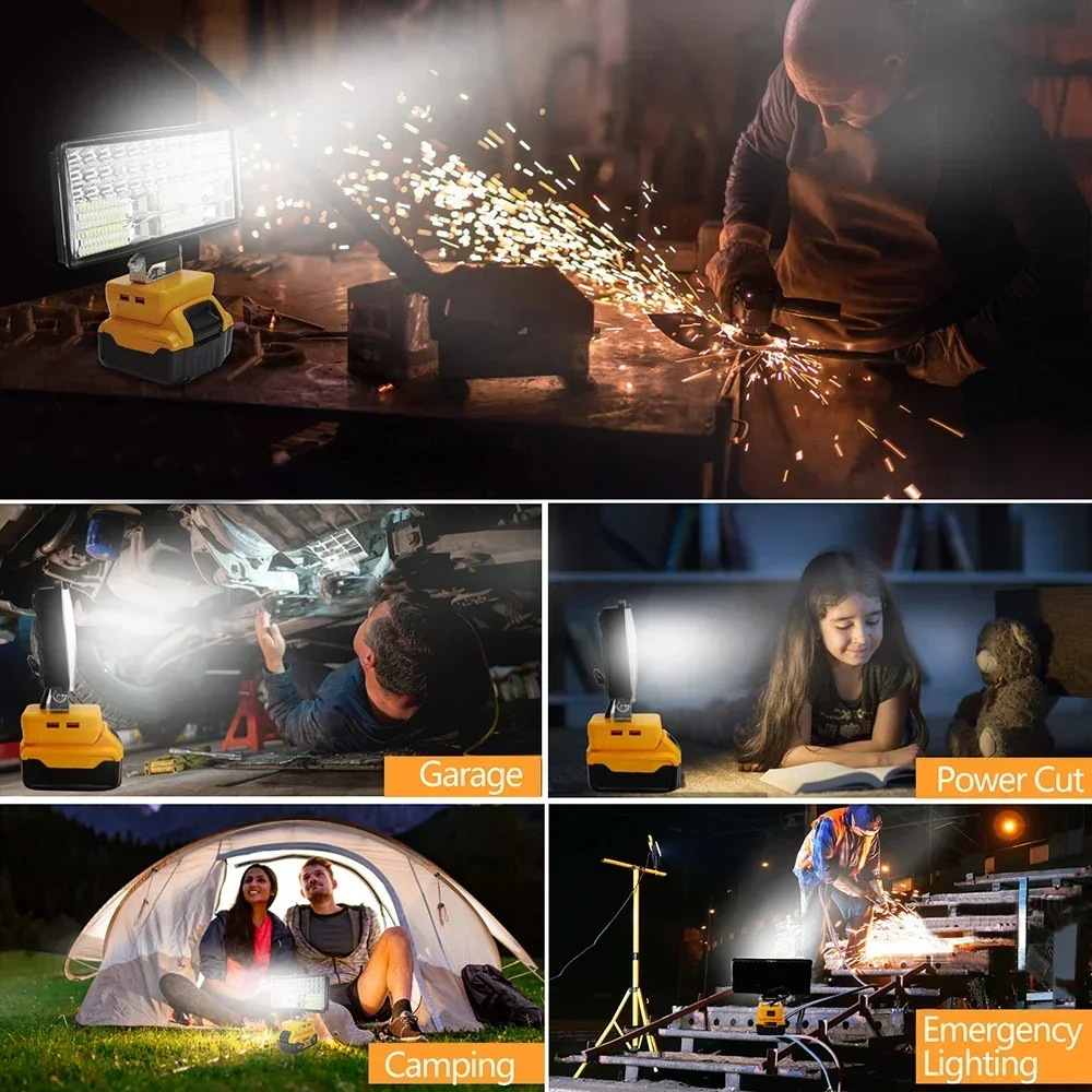 8 Inch Car LED Work Light Flashlight Electric Torch Spotlight For Dewalt DCB206 DCB606 18V 20V 60V Li-ion Battery USB Power Bank