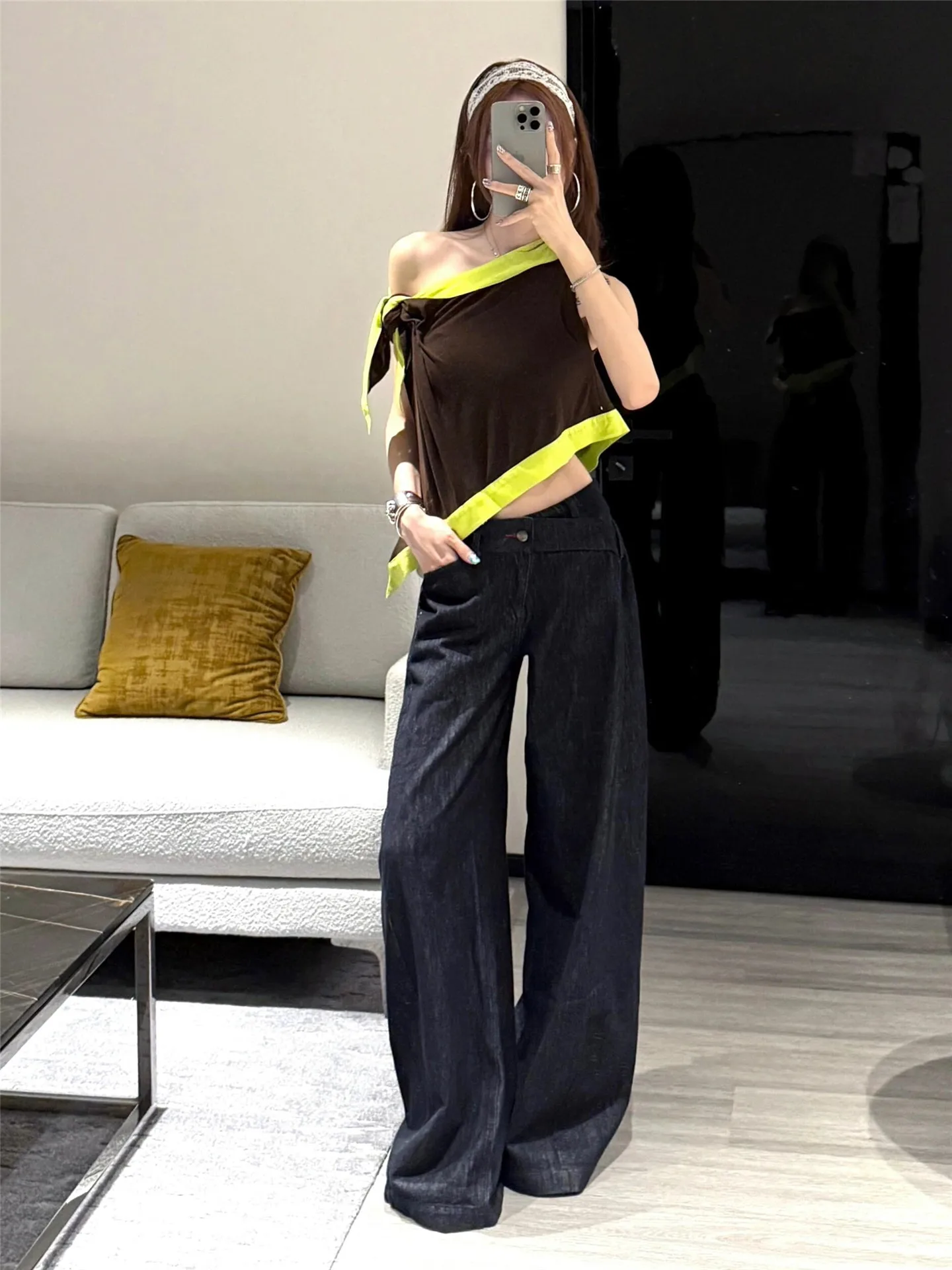 

Extended Vintage Low Waist Wide Leg Original Color Women's Jeans Spring Autumn Design Sense Floor-Length Pants Casual Cotton