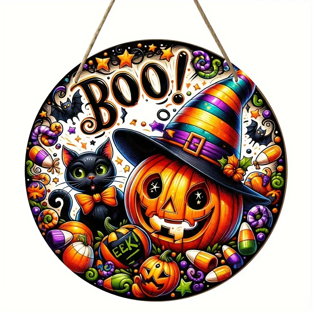 1 Stück 2D flaches rundes Holzschild mit Halloween-Thema, Kürbiskopf mit Hexenhut und Katze, kein Stromversorgung erforderlich – Sjs