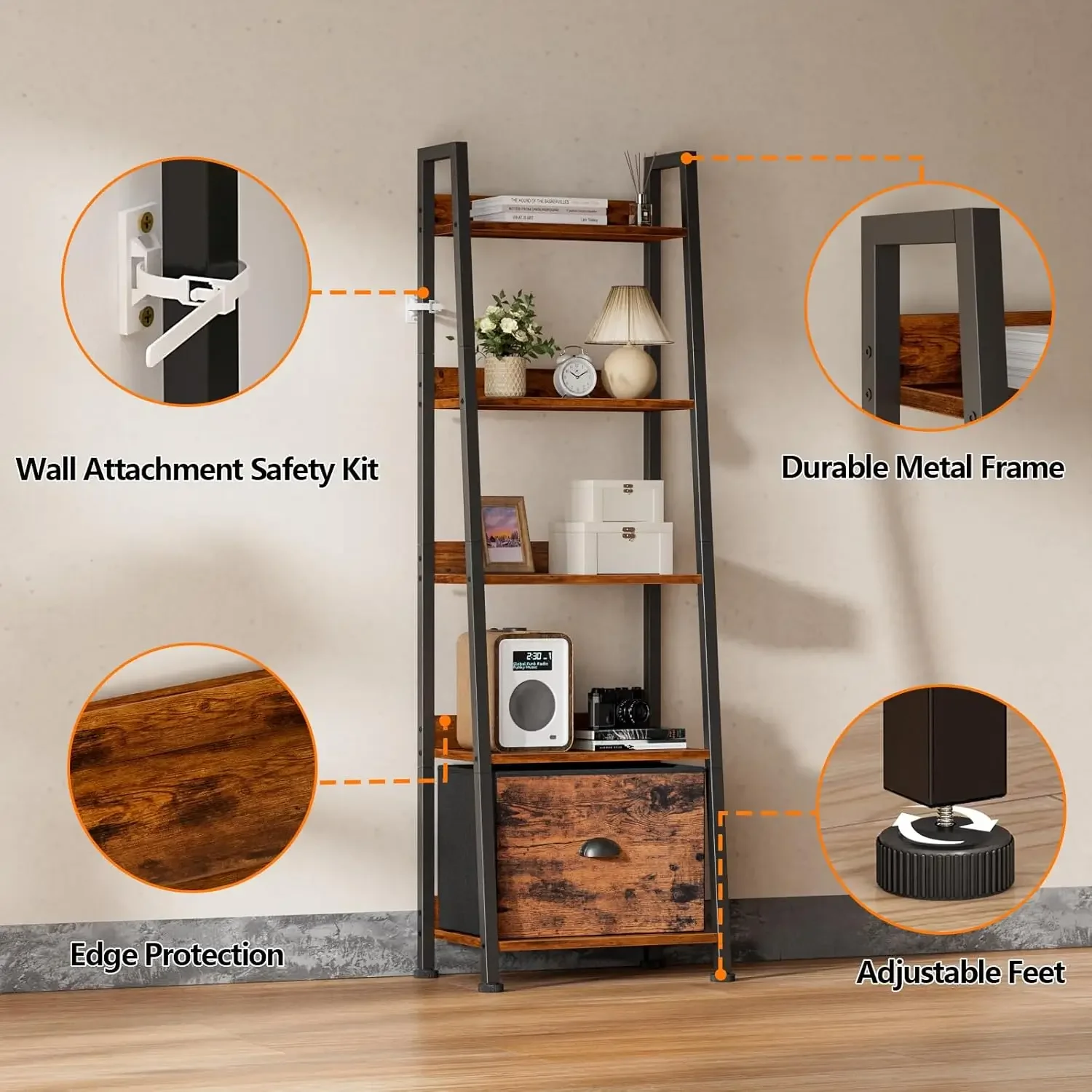 5-уровневая полка-лестница, книжная полка-лестница со съемным ящиком, органайзер для хранения книжного шкафа в деревенском стиле