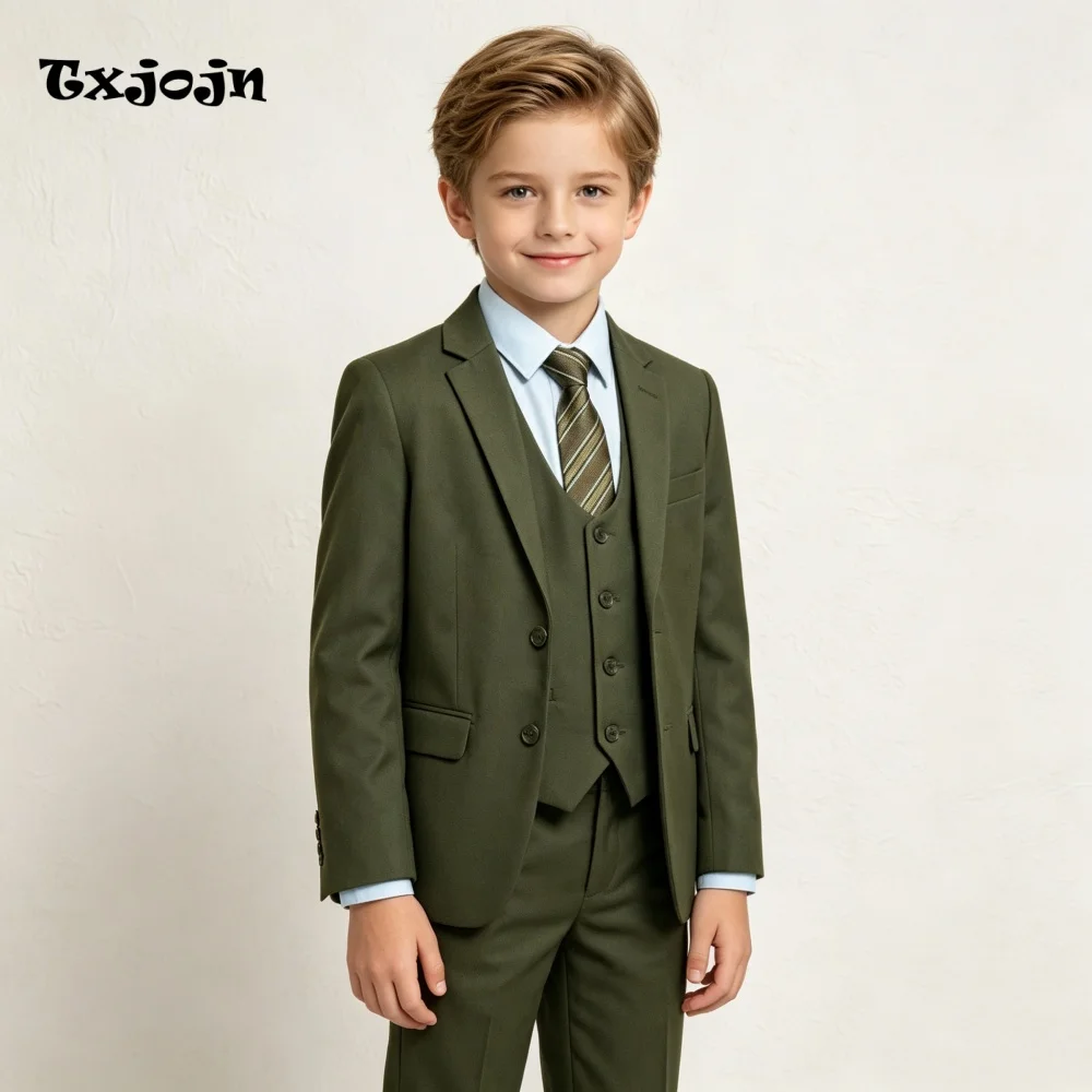 Casual Olive Boys Suit Jacket Pants Vest 3 Piece Set Formal Blazer for Kids Wedding Tuxedo Suits 2-16 Years Custom Clothes