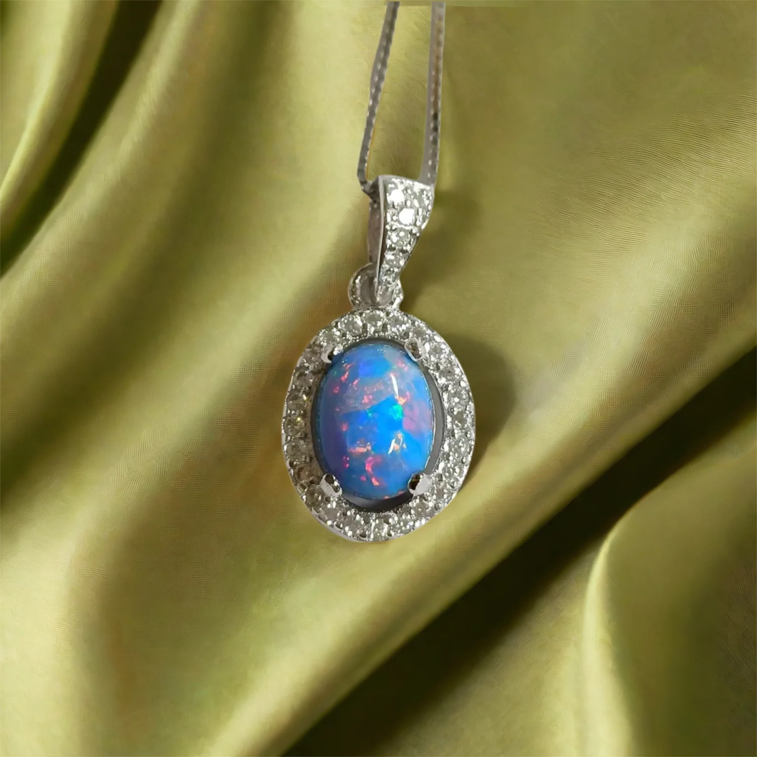 

Oval Halo Pendant for Necklace Making Sterling Silver Blue Fire Opal Pendant