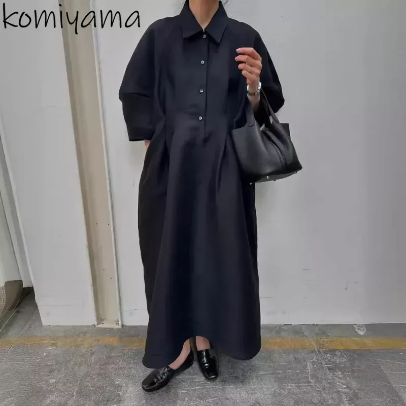 Lantern Sleeve Dress Japan Pleated Tunic Vestidos Mujer Spring Summer Vestido Elegant 2025 Woman Dresses Laple Neck Robes