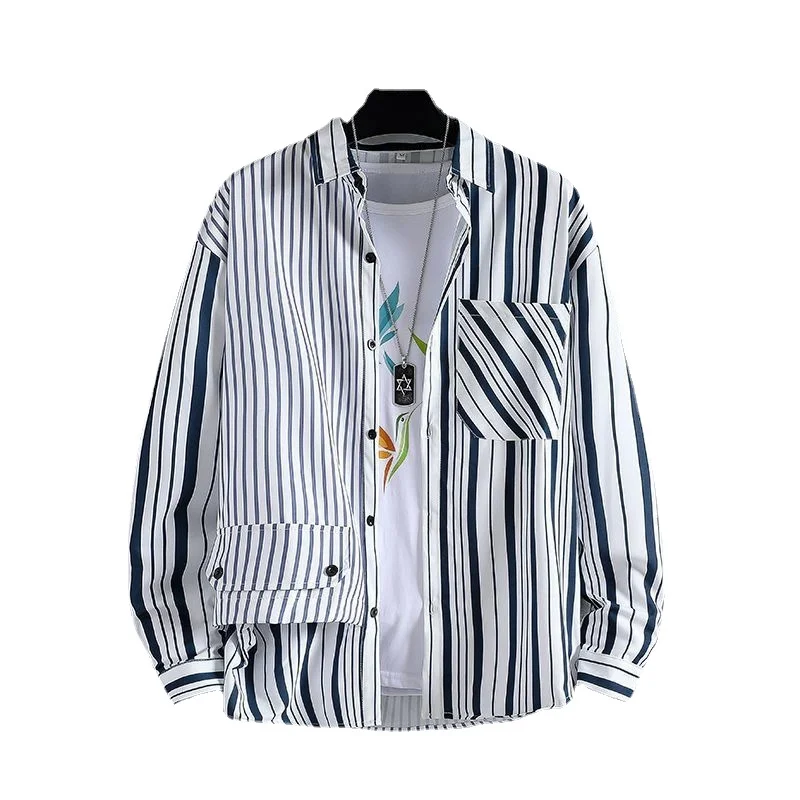 Men\'s Striped Long-sleeved Shirts, Casual Printed Shirts, Korean-style Ins Style Loose All-match Trend Tops