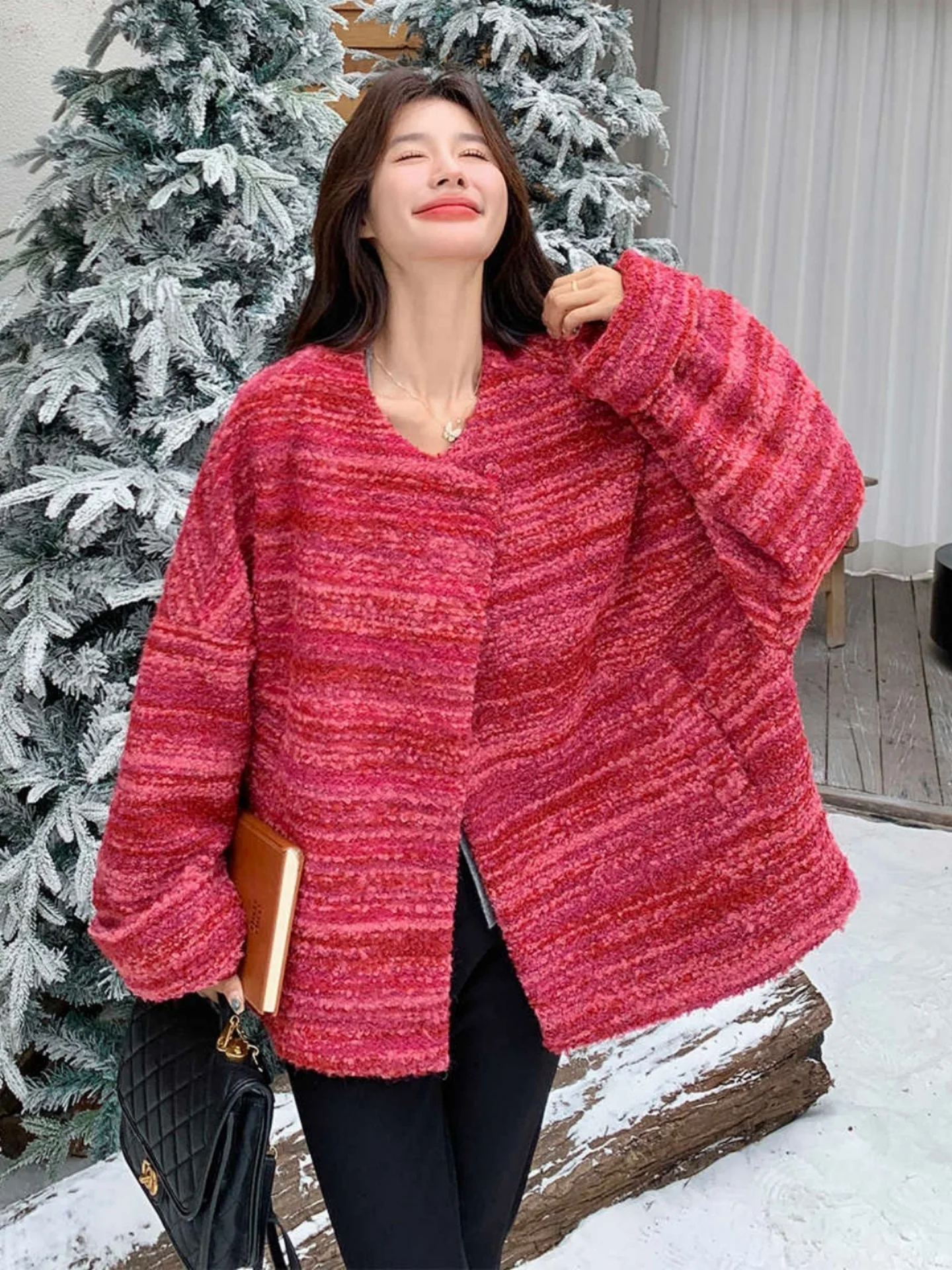 

Faionable Outerwear Korean Sle Loose Fit Long Sve Warm round Ne Zipper Closure Color Casual Ele Coat