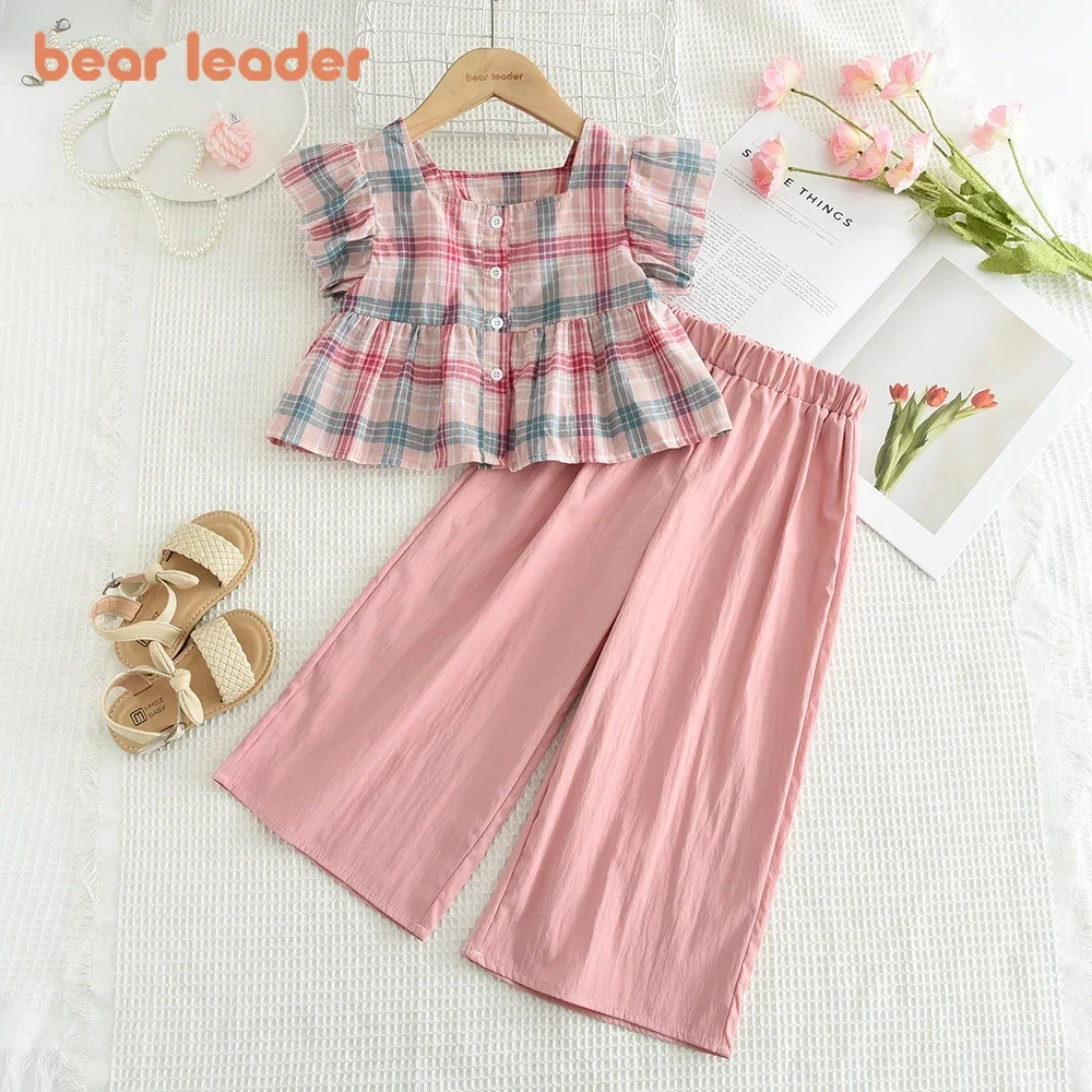 Bear Leader Summer Girls' Pink Clothes Square Collar Single Breasted Cardigan Short Sleeved+ Wide Leg Pants Two-piece Sets