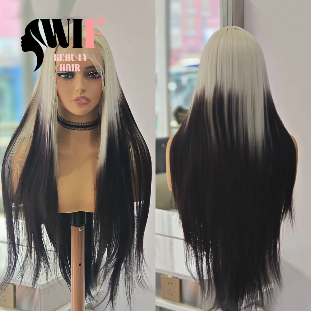 

WIF платиновый черный Ombre прямые волосы синтетический парик градиент черный прямой термоволокно парики фронта шнурка для женщин косплей волосы