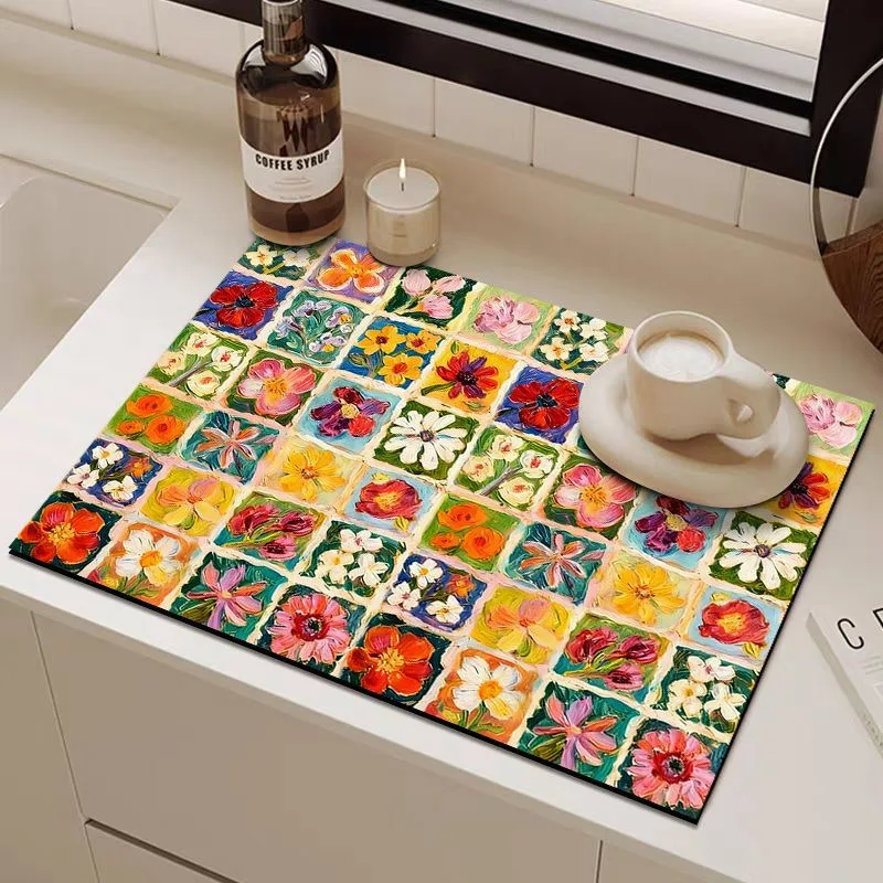 VIKAMA Non-Slip Diatomite Drying Mat, Absorbent Kitchen Counter Pad, Vintage Oil Painting Coffee Mat for Home Kitchen