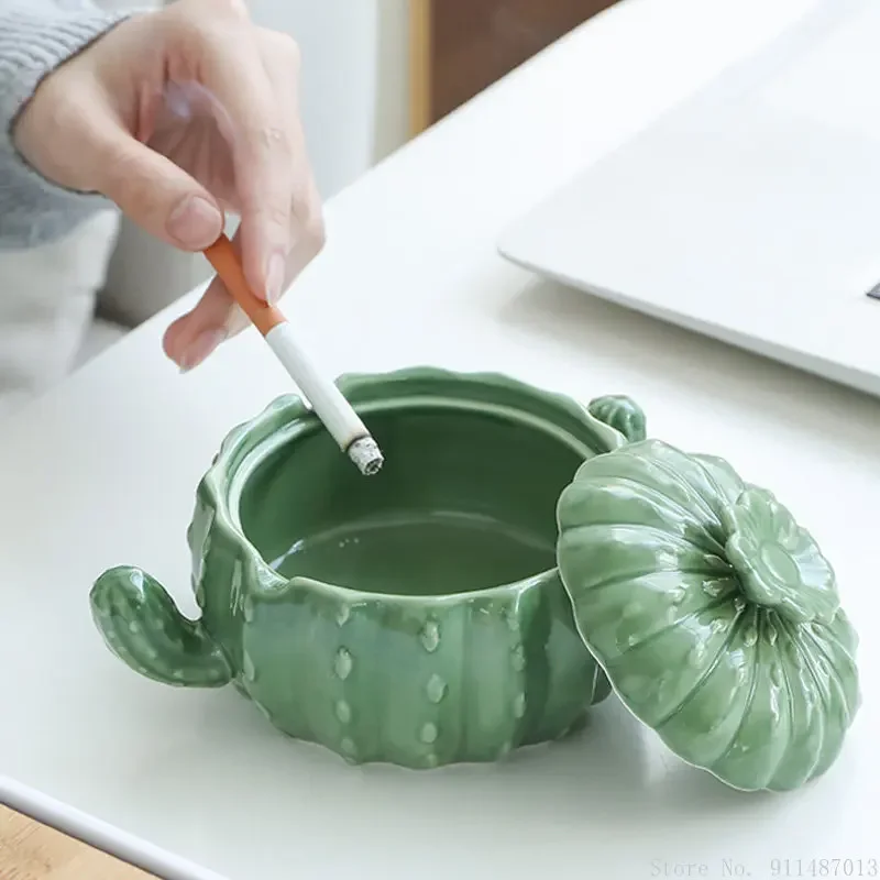 Creative Cactus Shaped Ceramic Ashtray, Trendy Family Living Room Senior Sense Office With Cover High-grade Ashtray Anti Fly Ash