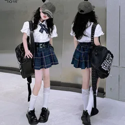 1pc 2024 new summer children set teenager Girls Clothes bow blouse shirt or checked JK pleated Skirt 4 8 10 12 Year japan korea