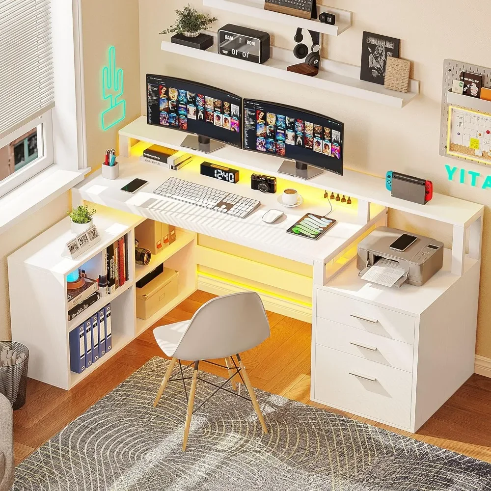 

L Shaped Desk with 3 Drawers, 65" Corner Computer Desk with Power Outlets & LED Lights, L-Shaped Desk with File Cabinet