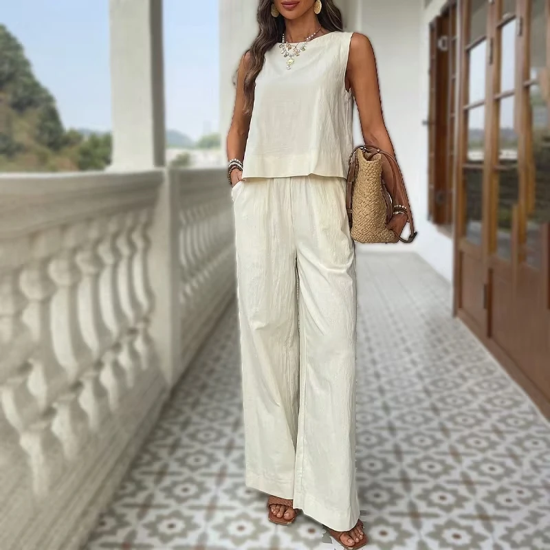 

Elegant Casual Women's Clothing Solid Sleeveless O-Neck T-Shirt Loose Wide-leg Trousers Summer Women Two Piece Suit Streetwear