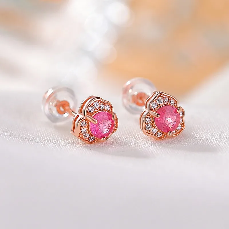

TIMESWIND Pink Tourmaline S925 Rose Flower Round Cutting Sweet Women Earrings with Certificate