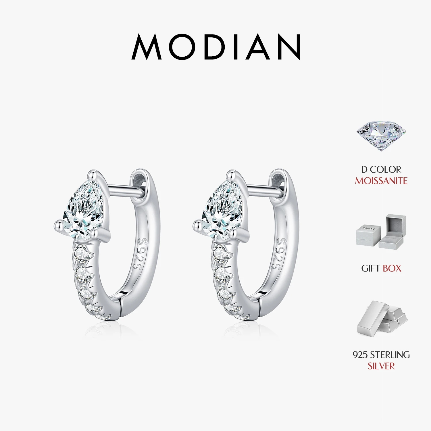 MODIAN 925 Sterling Sliver Sparkling Pear Cut Moissanite Ear Buckle Delicate Hoop Earrings For Women & Men Fine Jewelry