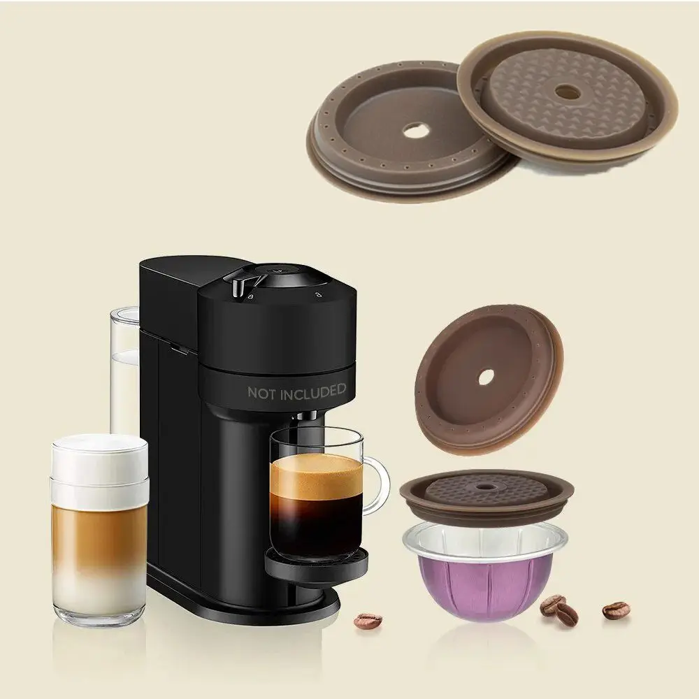 2pcs Food Grade Silicone Coffee Capsule Lid Brown Reusable Coffee Capsule Cover with Spoon and Brush Coffee Capsule Cap