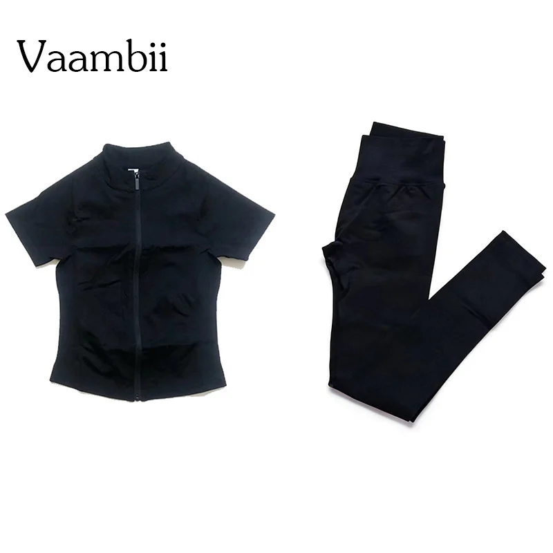 Dyna Short Sleeve Zippy+Leggings Sports Suits Fitness Top Gym Set 2 Pieces Gym Top Seamless Leggings Women Yoga Outfits