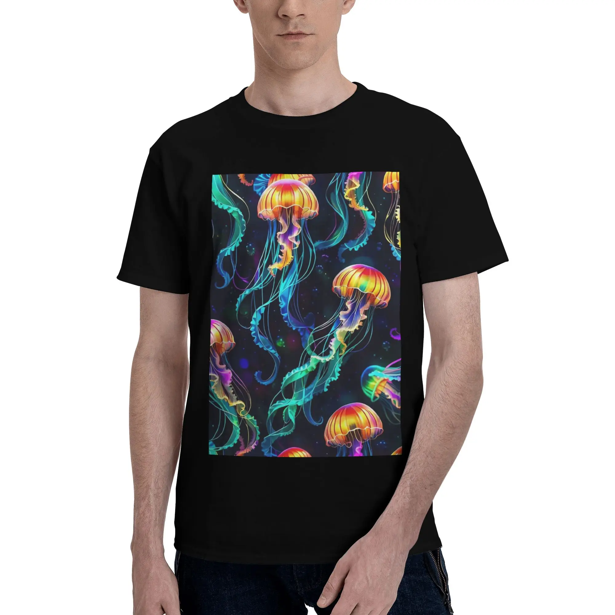 

Psychedelic Bioluminescent Trippy Jellyfish 100% Cotton T-Shirt Men's Classic T Shirts Men Crew Neck Short Sleeve S-6XL