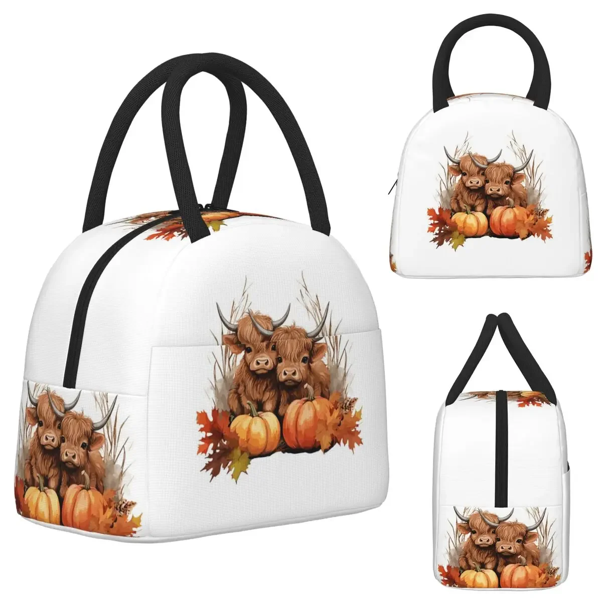 Highland Cow Calf Autumn Leaves Insulated Lunch Bag for Kids School Cooler Thermal Food Box Tote Portable Lunch Boxes Container