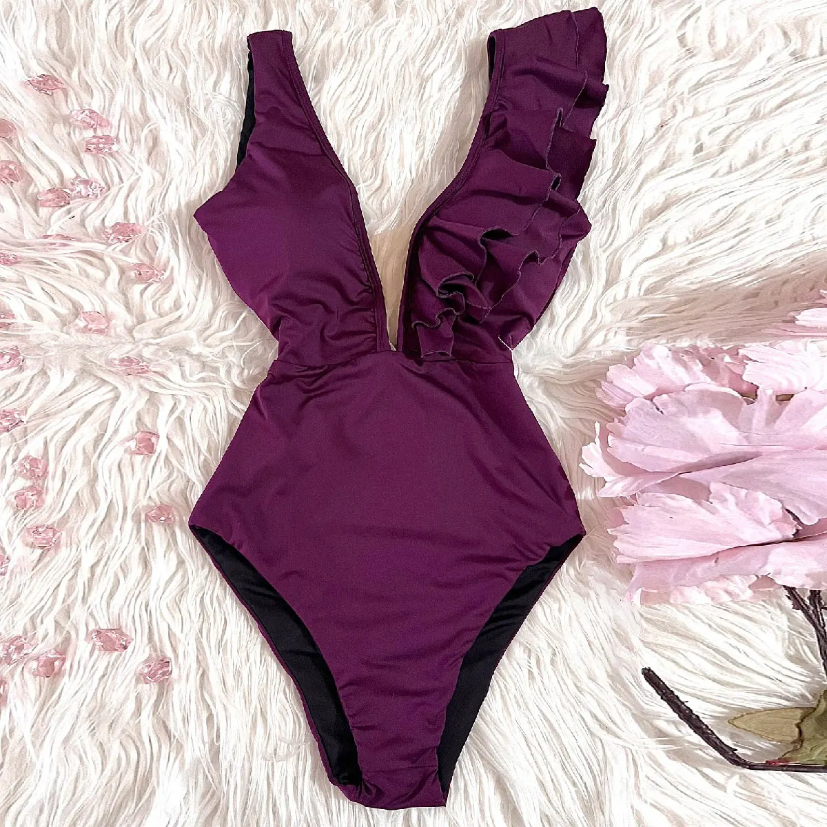 2025 New Print Swimwear Deep V-neck Ruffle Swimsuit Push Up One Piece Swimsuit Beach Wear Backless Monokini