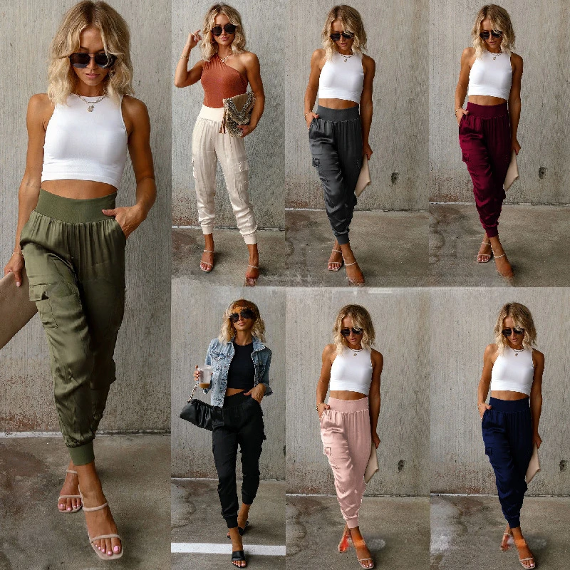 

Брюки-карго Женские однотонные, модные офисные штаны с завышенной талией, облегающие брюки с карманами, повседневные эластичные длинные штаны, уличная одежда