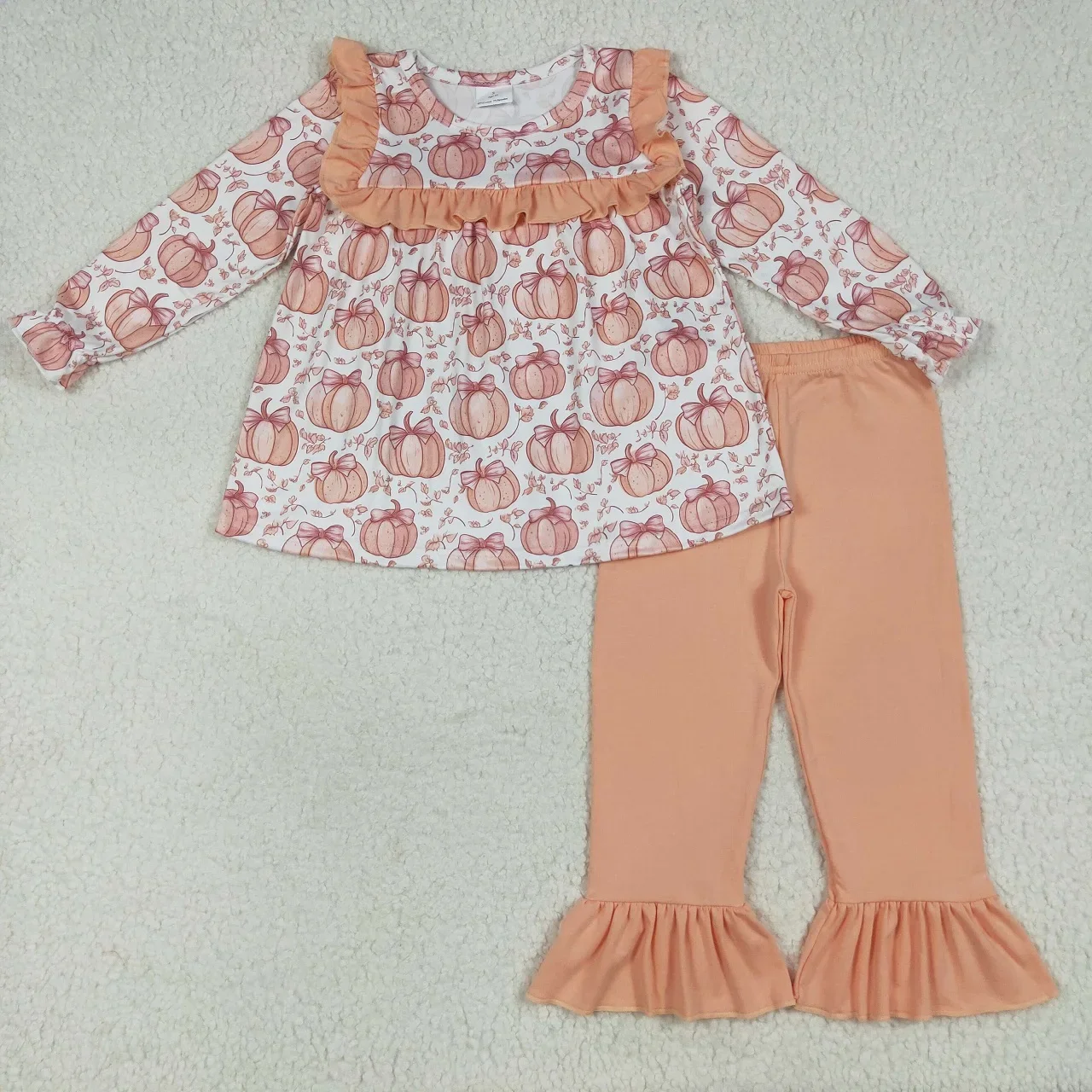 Wholesale Toddler Thanksgiving Set Baby Girl Long Sleeves Pumpkins Bows Tunic Outfit Cotton Pants Children Kids Fall Clothing
