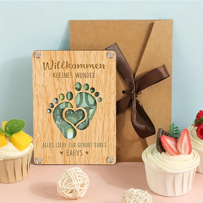 Tarjeta de regalo con dinero de ángel de madera: hecha a mano para bautismo y comunión. Tarjeta unisex con diseño de moneda de oro, pájaro y ala de ángel