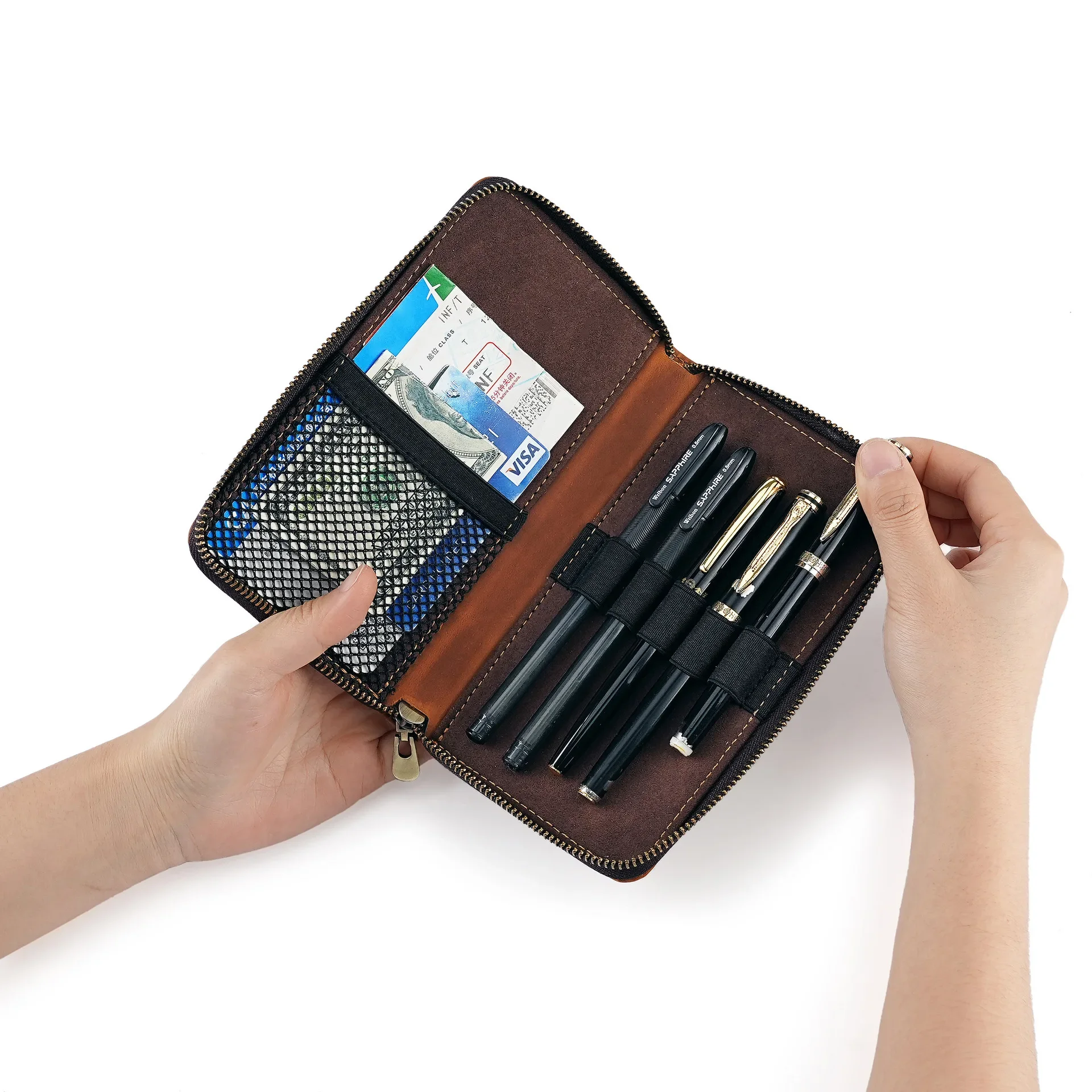 Vintage Zippered Pen Pouch Genuine Leather Multifunctional Business Pen Storage Wallets for Pencil Cards Tickets Receipt