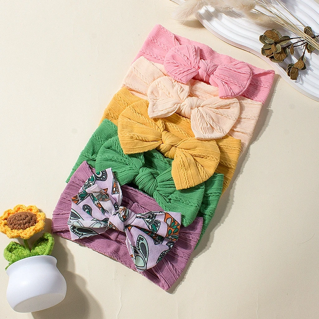 ที่คาดผมเด็กแรกเกิด 5 ชิ้น/ชุด ทำจากไนลอน สำหรับเด็กผู้หญิง เครื่องประดับผมลายดอกไม้ โบว์ผูกผมแบบพัน ชุดผ้าโพกศีรษะเด็ก