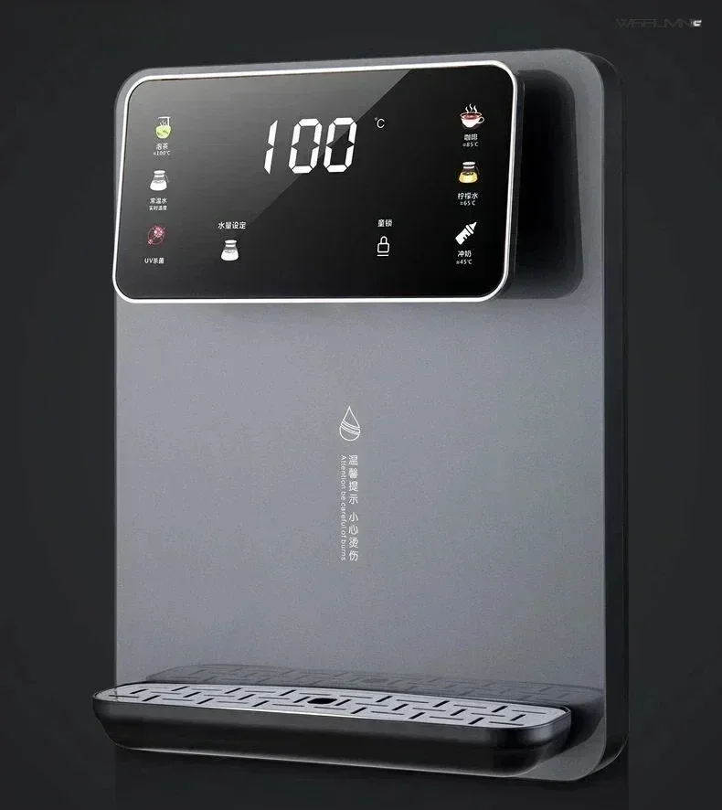 Wall-mounted tankless heating water dispenser with fashionable touch screen. Also a self-priming pipeline machine.