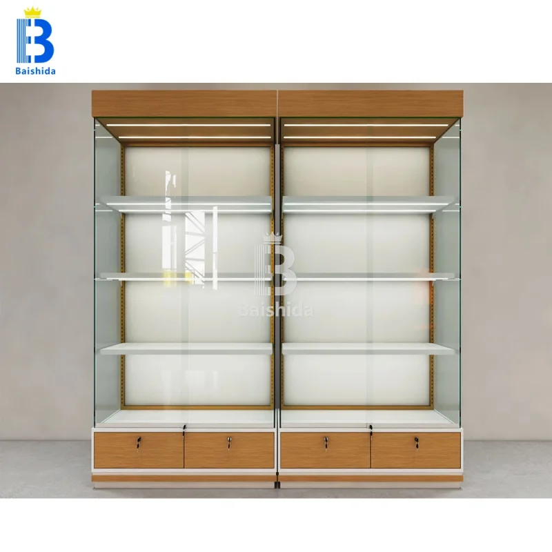 custom.Custom MDF Veneer Design Wood Display Cabinet Latest Retail Cigar Glass Showcase Baishida Factory