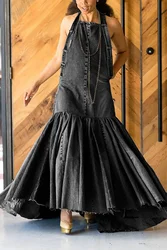 Plus Size Black Daily Denim Skirts Ruffles Halter Maxi Dress Sleeveless Long Dress