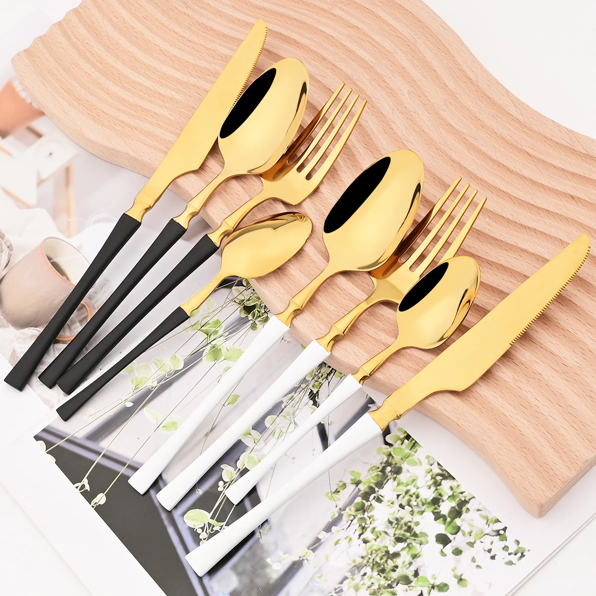 

24Pcs Black Gold Dinnerware Set Knives Fork Tea Spoons Tableware Cutlery Set Stainless Steel Silverware Western Kitchen Flatware