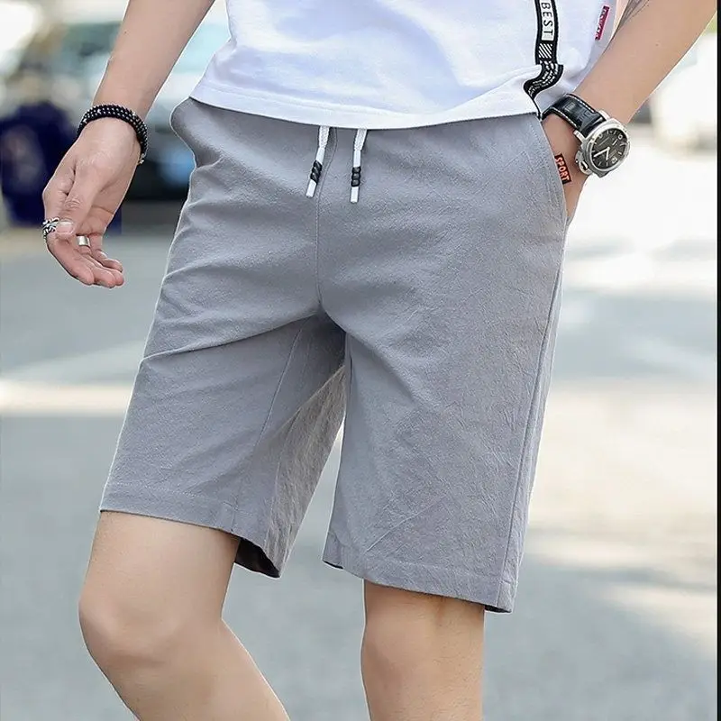 

Men's Clothing Solid Color Shorts Summer Lightweight 5-Inch Cotton Linen Korean Style Casual Beach Trendy Versatile
