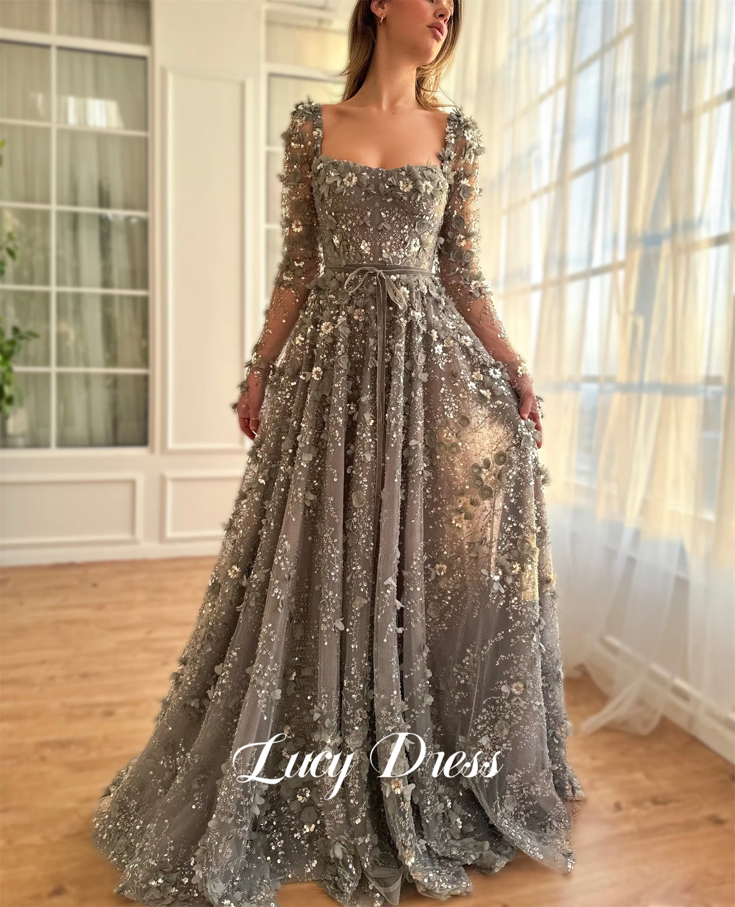 Lucy Grey Floral Fabric Wedding Dress Long Sleeves Evening Prom Dresses 2024 Women Robe De Soiree Femmes Ball Gowns Customized