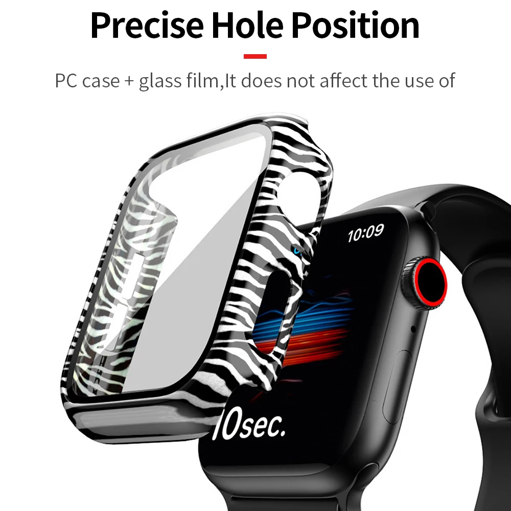 New Design Zebra Pattern PC Cover+Glass Film for Apple Watch Case Series 6 SE 5 4 3 Screen Protector 40mm 44mm 38mm 42mm Bumper