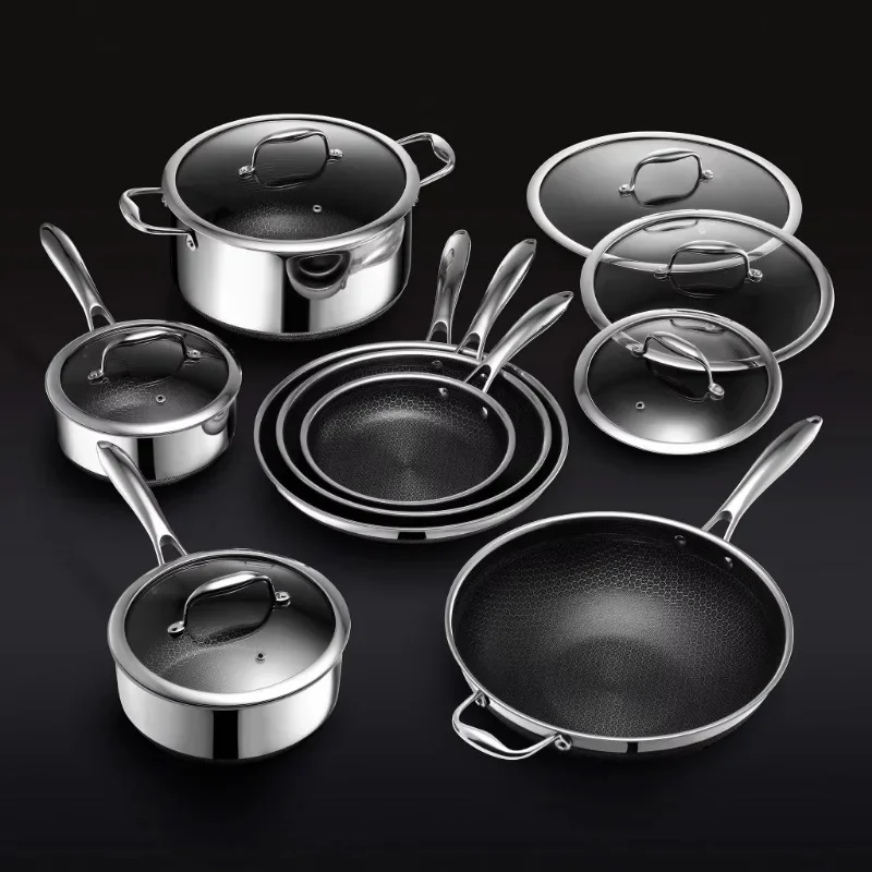 13 Pcs Stainless Steel Wok Cookware with Lid 3-layer Stainless Steel Honeycomb Non-stick Cookware Set