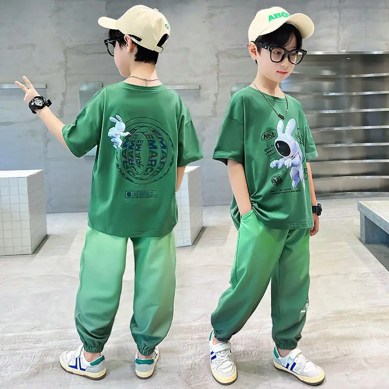 Boys Summer 2023 New Cotton Fashion Sports Suits Astronaut Rabbit Print Shorts Sleeve Sets 5-14Years Boys Streetwear Outfits Set