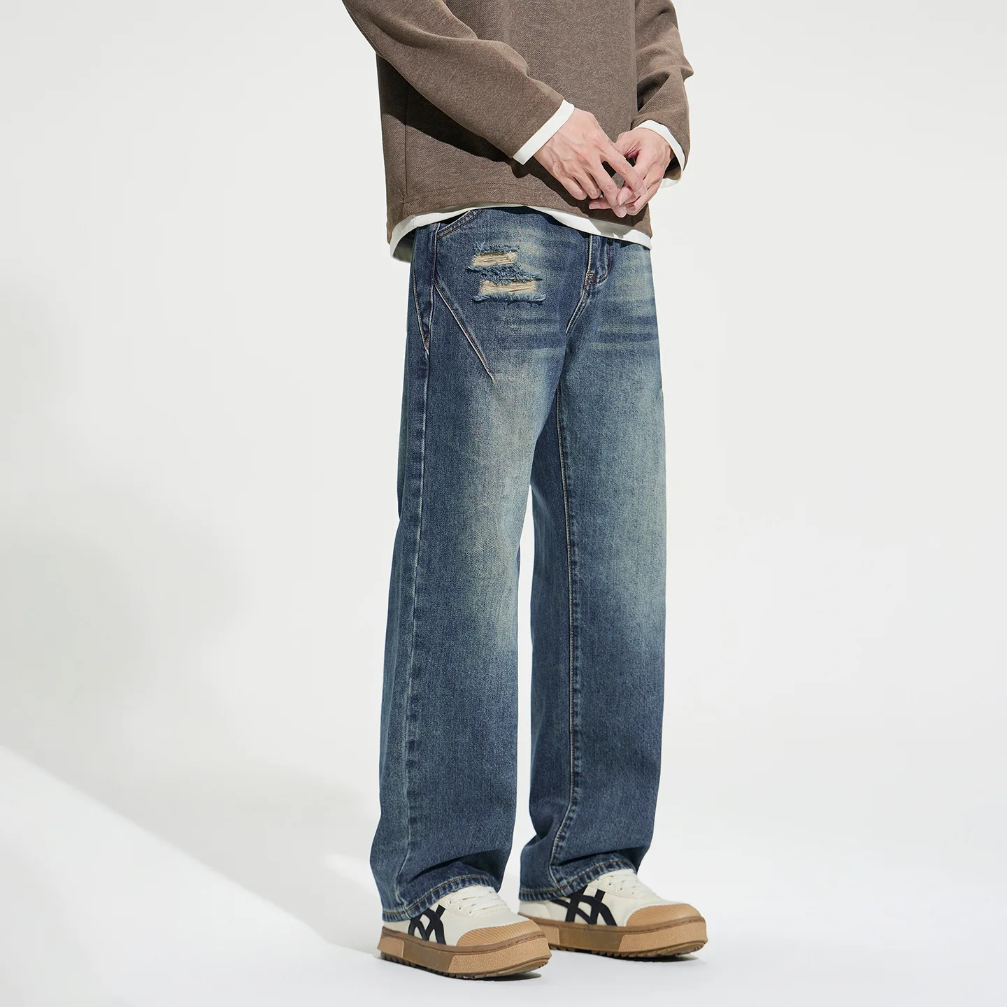 

Ретро джинсы с эффектом потертости и дырками, свободные прямые повседневные мужские зимние джинсы, новинка, классические прямые джинсы с элементами декора в виде птиц