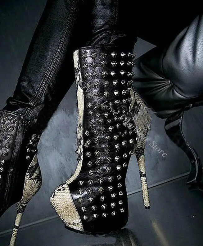 Sexy Women Stage Platform Metal Rivets Studded Snakeskin Patched Ankle Boots Ultra 16cm High Heels Night Club Botine Short Boots