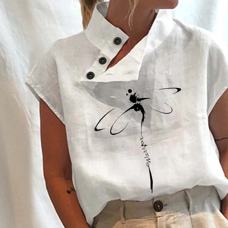 Women Vintage Blouse  Fashion Short Sleeve Elegant Cotton White Shirt Summer Casual Chic Y2K Streetwear Tunic Tops
