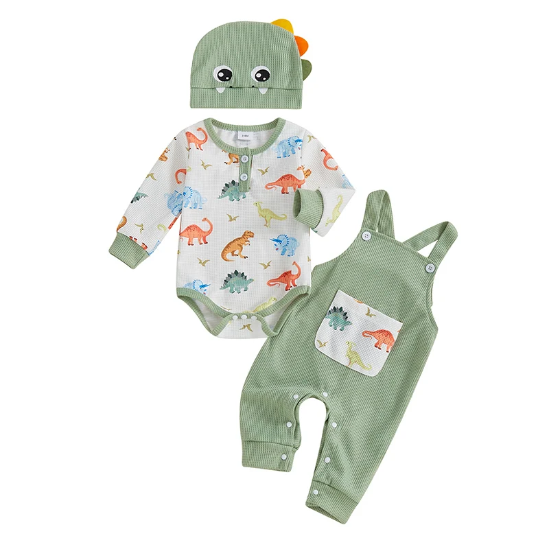 

Baby Boy Fall Outfits Dinosaur Print Long Sleeve Romper with Overalls Long Pants and Hat 3Pcs Set