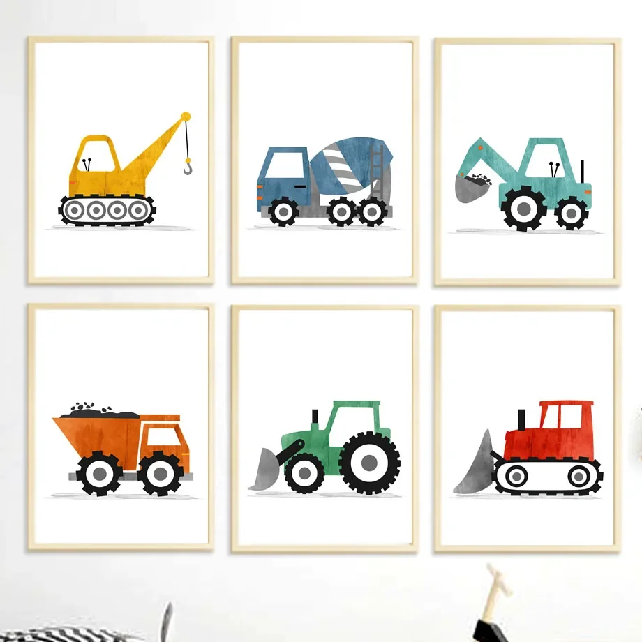 Construction Truck Bulldozer Alphabet Numbers Wall Art Canvas Painting Nordic Posters And Prints Wall Pictures Kids Room Decor