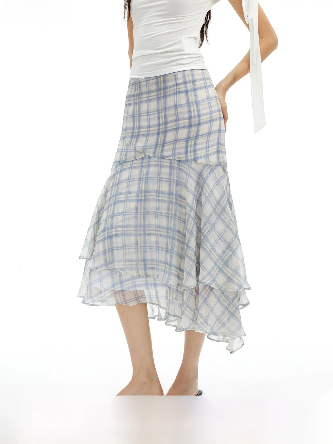 

AFTADAWN Lightweight Fine Yarn Plaid Fish Tail Skirt Midi Uneven Net Skirt Half Body Skirt Polka Dot Print Midi Skirt