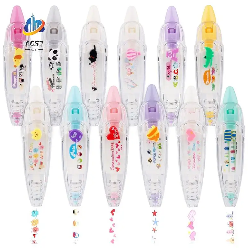 

AC57-12Pcs Decorative Tape Pen, Press Type Decorative Pen Correction Tape Pen Animal White Out Tape Tape Roller Pen