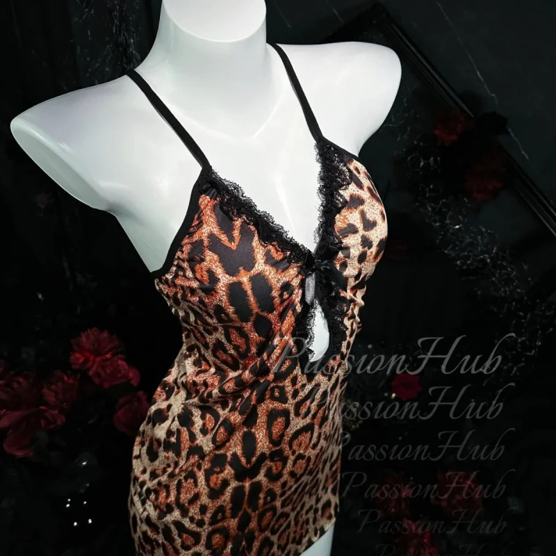 

Fashion Leopard Pattern Hip Wrap Dress Elegant Mature Style Soft Lace Breathable Skin Friendly Ladies Daily Home Casual Wear Set