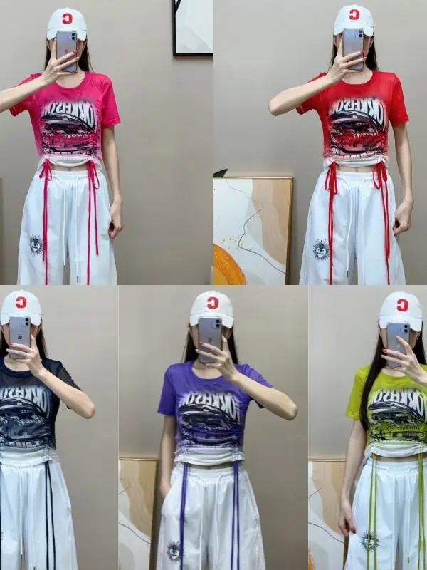 summer-new-letter-car-print-dyed-gradient-waist-cord-net-short-sleeve-square-dance-walking-costume-women's-fitness-clothing