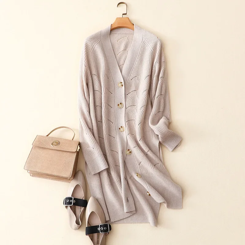 

autumn winter new warm long outerwear v neck buttons women elegant fashion coat 100% cashmere cardigan