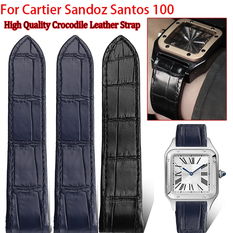 Crocodile Genuine Leather Watch Strap For Cartier Sandoz Santos 100 Watchband Men women 20 23mm Blue brown Wristband Accessories
