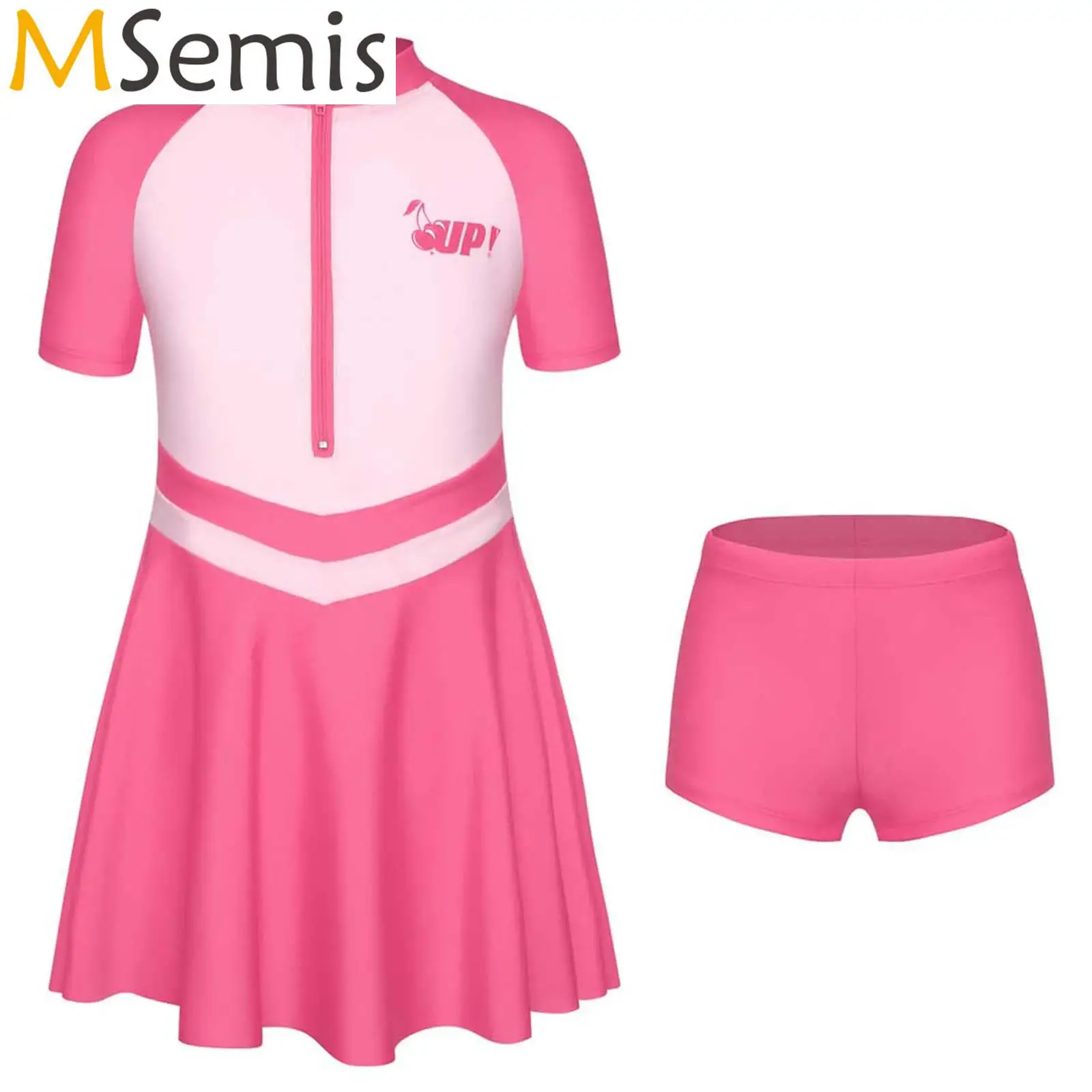 

Kids Girls 2-Piece Rash Guard Swimsuit Bathing Suit Beach Swimwear Round Neck Short Sleeve Front Zipper Swim Dress with Shorts